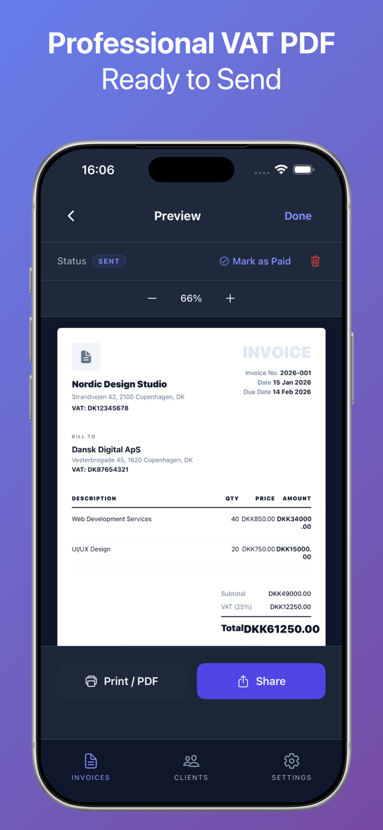 Invoice PDF preview showing VAT breakdown, totals, and print/share buttons