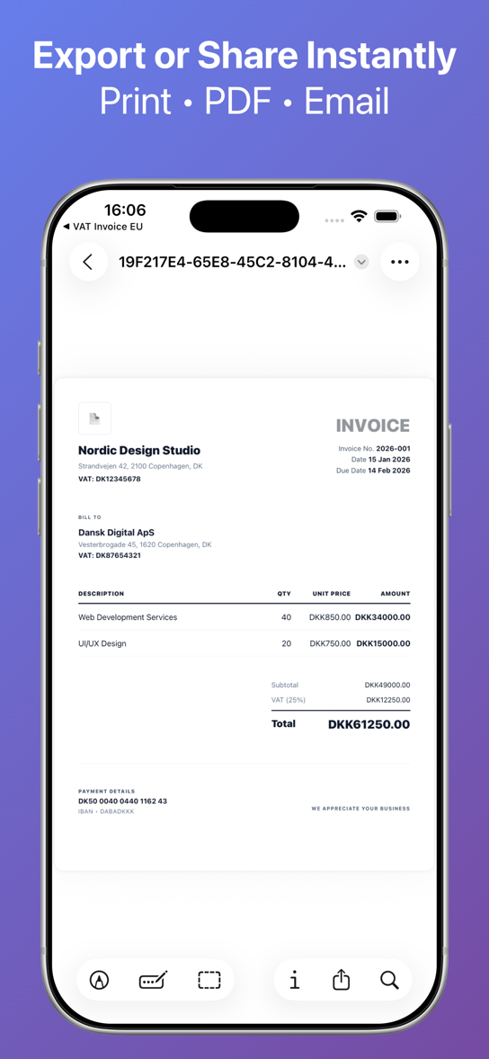Exported EU VAT invoice PDF ready for print, email, or sharing