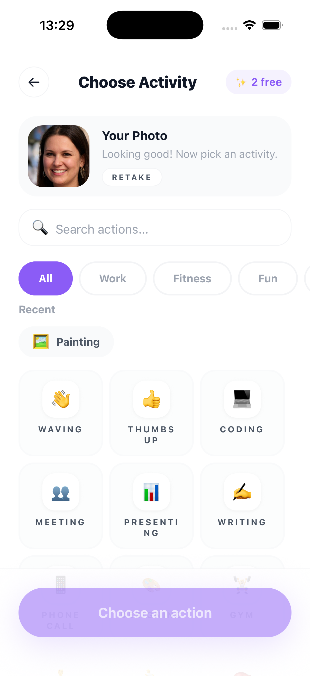 Activity selection grid showing various poses and actions